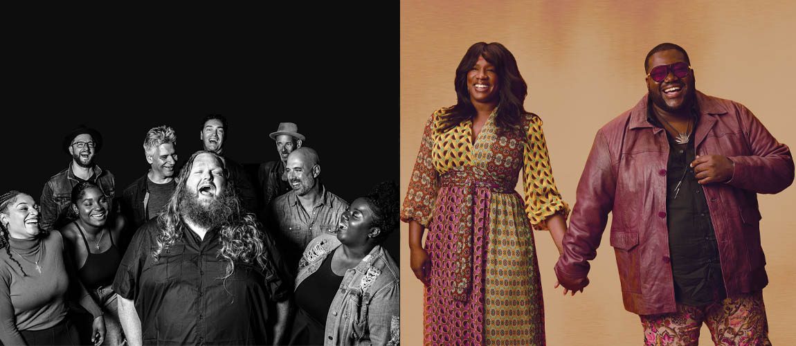 Square split evenly in half horizontally with a photo of Matt Andersen and his band the Big Bottle of Joy on top. It is a black and white photo with a black background. Everyone is singing with their mouths open. On the bottom is a photo of War and Treaty. They are standing in front of a beige background. They are both looking at the camera smiling widely.